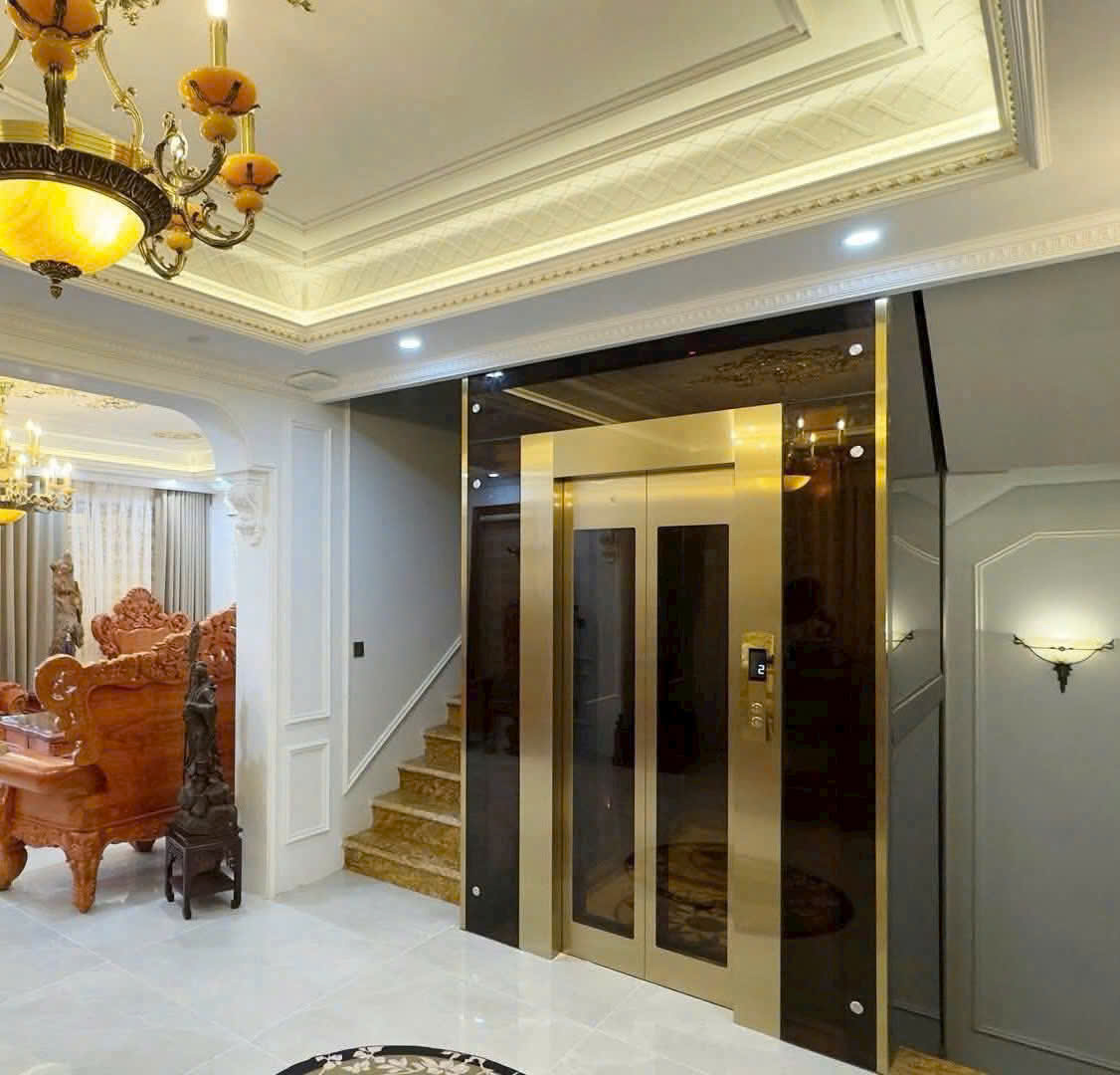 Thang máy gia đình cửa kính khung inox mạ vàng lắp đặt trong phòng khách sang trọng